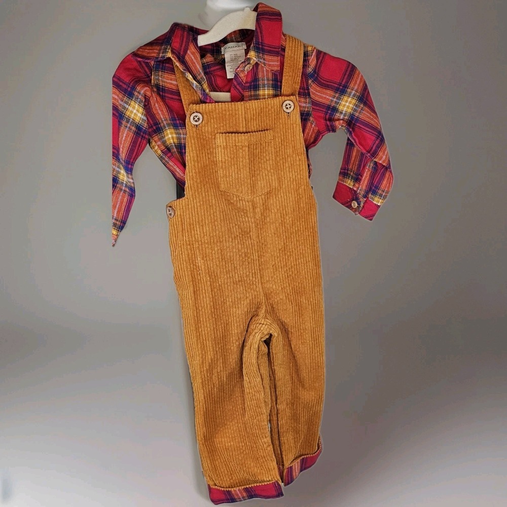 Tahari Baby 18M‎ Overalls & Plaid Shirt Set Fall Outfit Mustard Corduroy ( NWT)